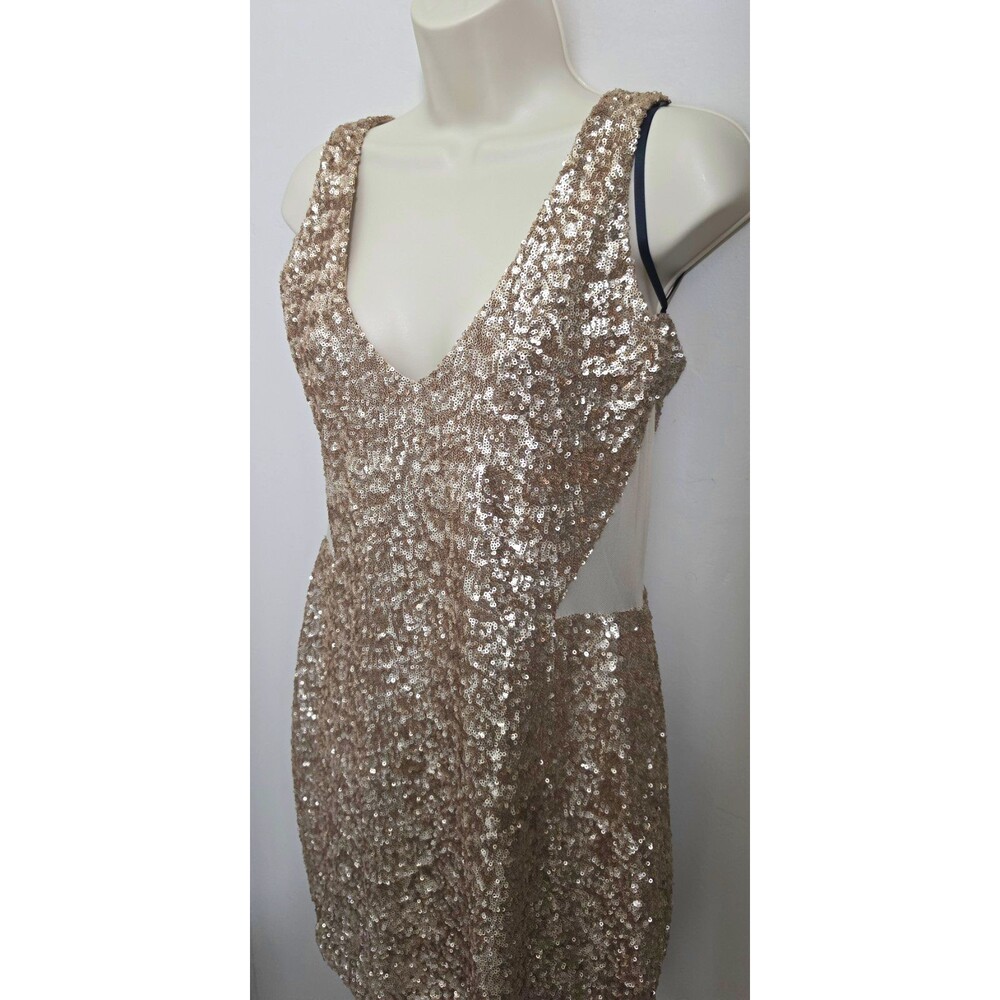 bebe Gold Sequin Bodycon Mini Dress Large Sheer Mesh Cocktail Party Glam
